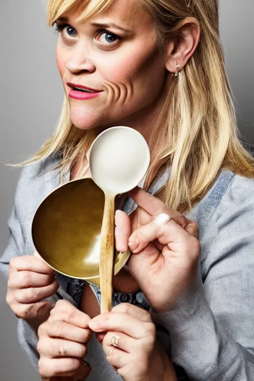 Image similar to an award winning photo of reese witherspoon holding a spoon, spoons, portrait photography, studio lighting, highly detailed, extremely realistic