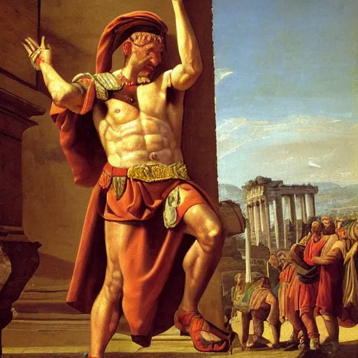 Image similar to Jerma985 in Ancient Rome, detailed, highly detailed, heroic, epic, complex, very detailed, realistic, HD quality, 8k resolution, body and headshot, Oil Painting, Italian Renaissance Painting of Jerma985, Italian Renaissance Painting Style, Renaissance Painting Style, Painting, Trending on Artstation