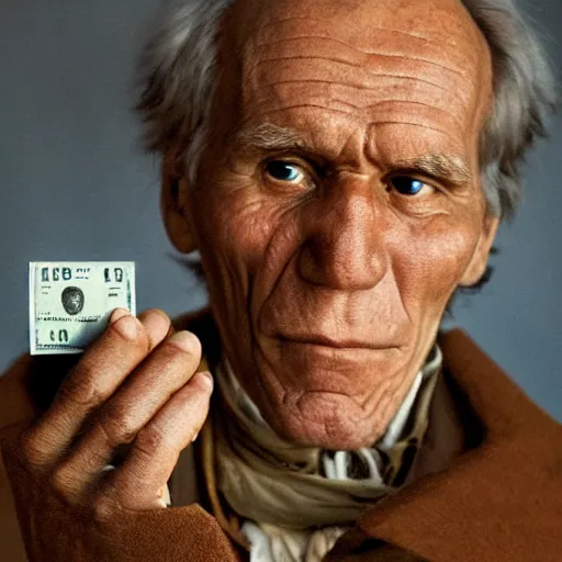 Image similar to portrait of Leo Tolstoy holding a pack of dollars, by Steve McCurry, clean, detailed, award winning