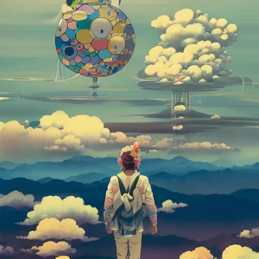 Image similar to a man walking on clouds above kyoto by takashi murakami, beeple and james jean, aya takano color style, 4 k, super detailed