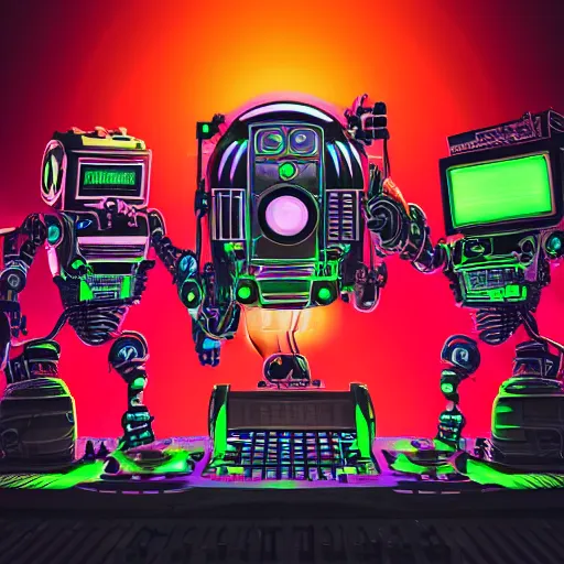 Image similar to album art, text roborock, 3 dieselpunk robot heads with robot arms on a dj desk with a cd mixer, 8 k, fluorescent colors, halluzinogenic, multicolored, exaggerated detailed, front shot, 3 d render, octane