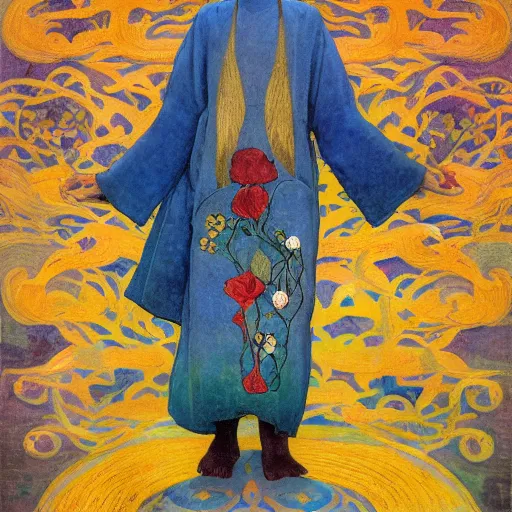 Image similar to the flower prince, by Annie Swynnerton and Nicholas Roerich , embroidered robes, floral tattoos, bioluminescent, elaborate costume, geometric ornament, symbolist, soft colors, dramatic lighting, smooth, sharp focus, extremely detailed