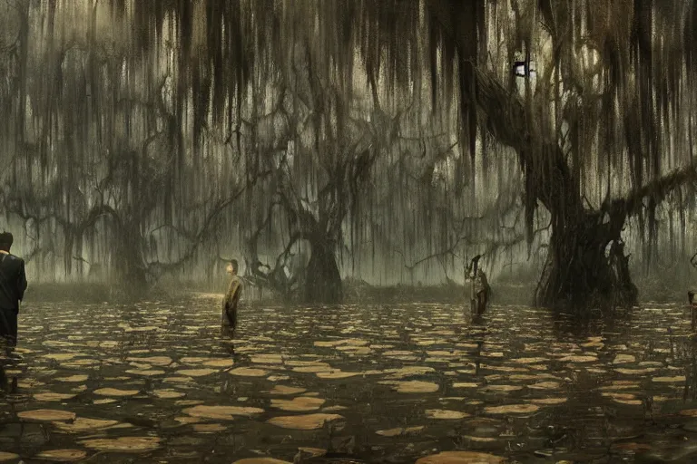 Image similar to scene from louisiana swamps, true detective, artwork 8 0 s japanese sci - fi books art