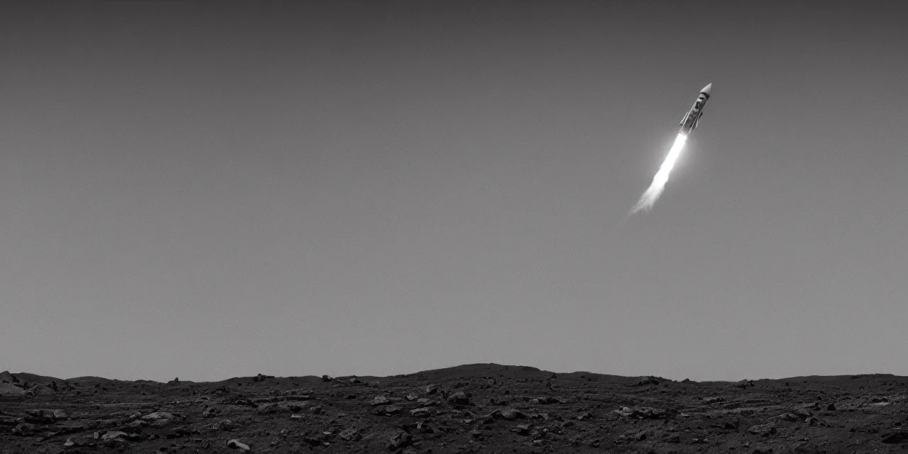 Prompt: black and white photo of a rocket landing on bright mars, black background, cinematic film still, high contrast, astrophotography, 4 k, hard lighting, cgi, octante render,