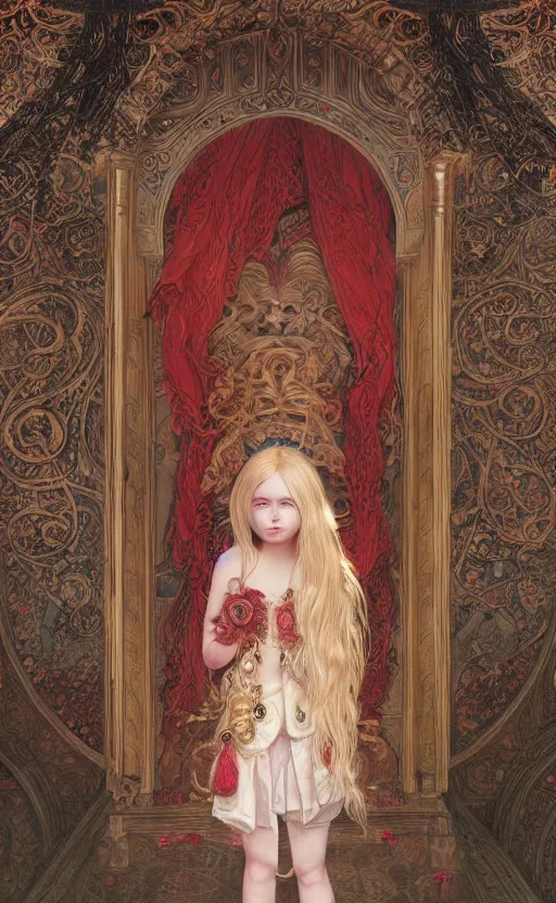 Prompt: full body shot of a young girl with blond twin tail hair and red eyes standing in front of a tapestry, ultra realistic, concept art, intricate details, eerie, highly detailed, photorealistic, octane render, 8 k, unreal engine, art by artgerm and greg rutkowski and alphonse mucha