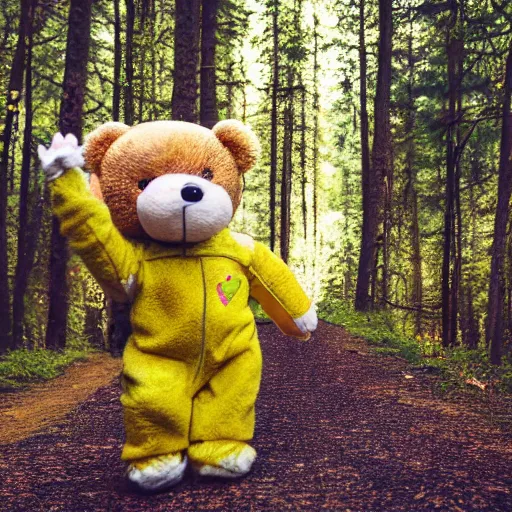 Prompt: a photo of a cute and happy teddy bear toy, with green pants and yellow jacket, toy clothes, enjoying a stroll in the forest, telephoto, 5d mk2