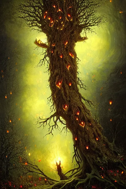 Image similar to a beautiful digital illustration painting of a detailed gothic fantasy fireflies and roots, fantasy tree with heart carved into the bark by benoit b. mandelbrot, steven belledin, martin johnson heade, lee madgwick, caspar david friedrich, and david rios ferreira. 8 k resolution trending on artstation concept art digital illustration