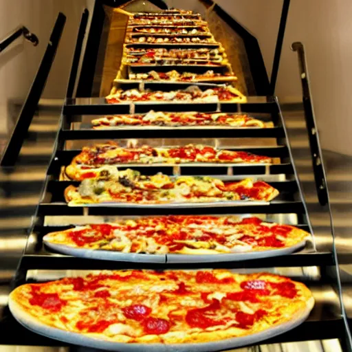 Image similar to m c esher staircase made of pizza