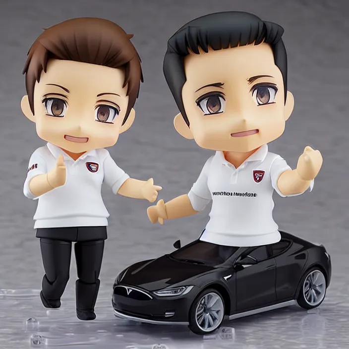 Image similar to a anime nendoroid of elon musk wear white polo and black shoe, car tesla 3, figurine, product photo, detailed