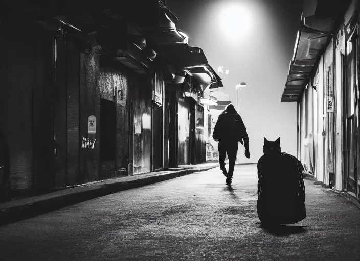 Image similar to photography of a Cat carrying a backpack . in a cyberpunk street. award winning photo, led lighting, night, 24mm, sharp, high res