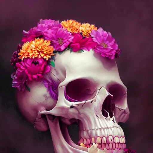 Image similar to Pink Death, skull, flowers, colorful, by Stanley Artgerm Lau, WLOP, Rossdraws, James Jean, Andrei Riabovitchev, Marc Simonetti, Yoshitaka Amano, ArtStation, CGSociety,