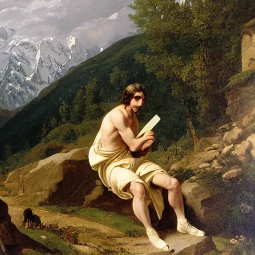Prompt: steve jobs crossing the alps painting by jacques louis david.