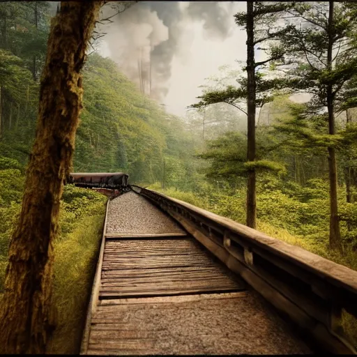 Prompt: distant shot of a steam train going over a old wooden bridge in a forest, anime, by makoto shinkai, forest, highly detailed