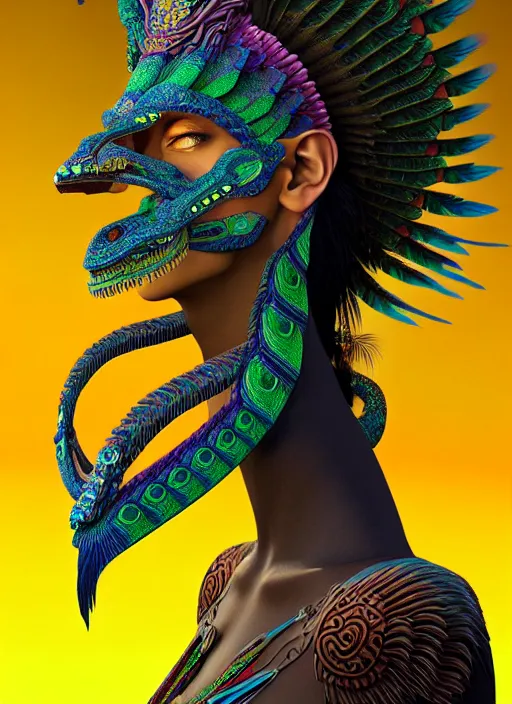 Image similar to 3 d goddess profile portrait. beautiful intricate highly detailed quetzalcoatl mask and feathers. ahuizotl, atotolin, bioluminescent, plasma, lava, ice, water, wind, creature, thunder clouds, artwork by tooth wu and wlop and beeple and greg rutkowski, 8 k trending on artstation,