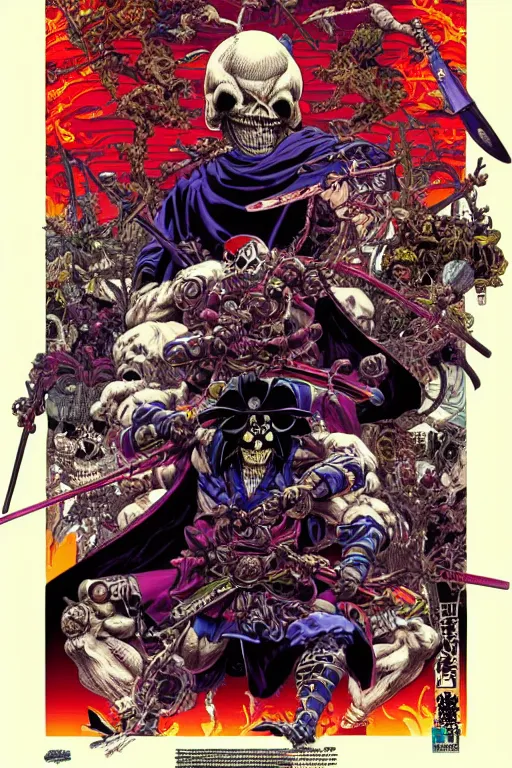 Image similar to poster of crazy skeletor samurai, by yoichi hatakenaka, masamune shirow, josan gonzales and dan mumford, ayami kojima, takato yamamoto, barclay shaw, karol bak, yukito kishiro