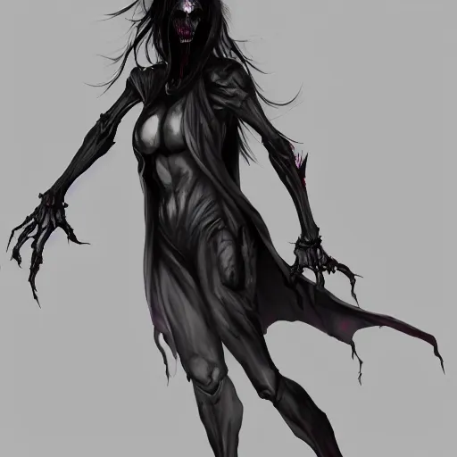 Image similar to female wraith, undead, dynamic pose, elongated legs, long fingers, talons, skull, terrifying, dark, fog, artstation