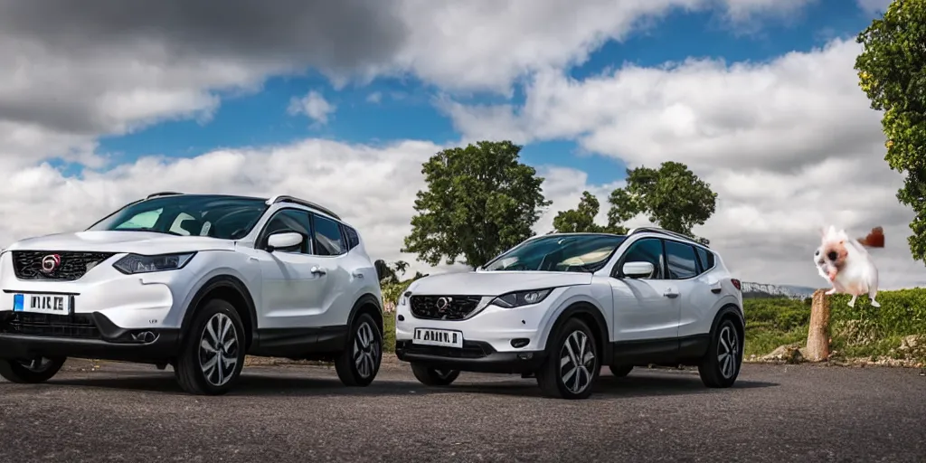 Prompt: wide shot, white hamster piloting a qashqai on the road with open windows