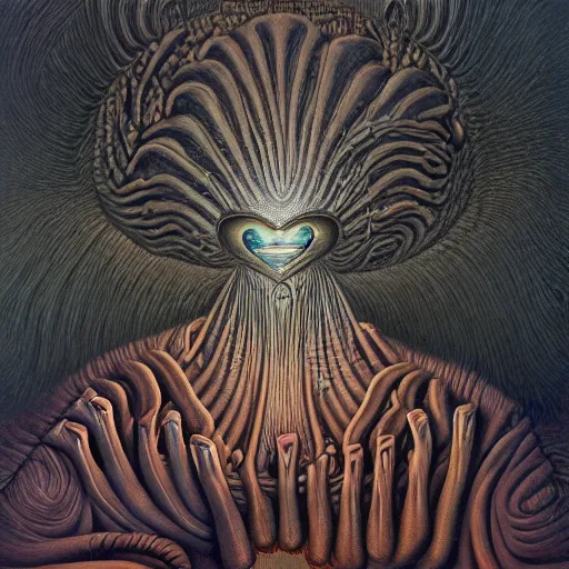 Prompt: her heart by jacek yerka, alex gray, zdzisław beksiński, dariusz zawadzki, jeffrey smith and h.r. giger, oil on canvas, 8k highly professionally detailed, trending on artstation