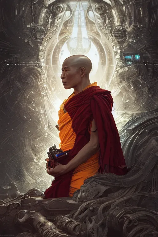 Image similar to Ultra realistic illustration, Cyborg Tibetan monk, cyberpunk, sci-fi, fantasy, intricate, elegant, highly detailed, digital painting, artstation, concept art, smooth, sharp focus, illustration, art by artgerm and greg rutkowski and alphonse mucha