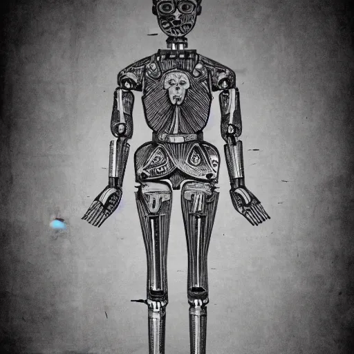 Image similar to technical drawing of ancient womanized!! humanoid robot, symmetrical, anatomically correct, old historical photo, ancient paper, photorealistic