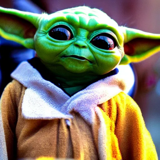 Image similar to baby yoda in a bumble bee costume, 8k selfie photograph