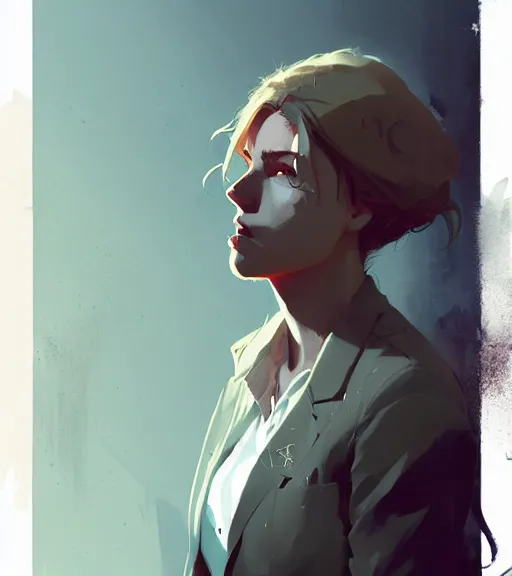 Prompt: portrait of a female john constantine by atey ghailan, by greg rutkowski, by greg tocchini, by james gilleard, by joe fenton, by kaethe butcher, dynamic lighting, gradient light blue, brown, blonde cream and white color scheme, grunge aesthetic