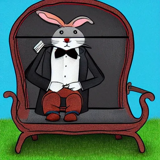 Image similar to a dapper bunny rabbit in formal wear with a monocle sitting on a park bench on a sunny day, digital art