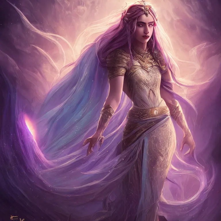 Image similar to beautiful cinematic fantasy poster, a beautiful middle-eastern princess wearing a beautiful dress with flowing illuminated hair, beautiful glowing galaxy eyes, wideshot ultrawide angle epic scale, hybrid from The Elden Ring and art direction by Darius Zawadzki ;by artgerm; wayne reynolds art station; cinematic quality character render; low angle; ultra high quality model; production quality cinema model;