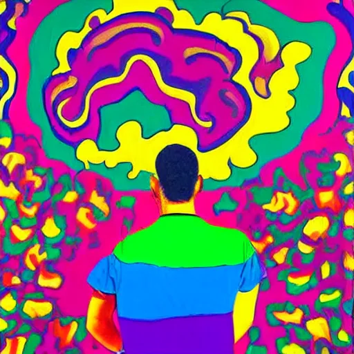 Image similar to a man standing in front of a giant painting, a pop art painting by peter max, behance contest winner, psychedelic art, psychedelic, poster art, made of flowers