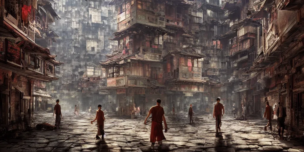 Prompt: inside of kowloon walled city by early evening, flat interior, concept art, light, shadows, reflections, epic composition, intricate, elegant, volumetric lighting, digital painting, highly detailed, artstation, sharp focus, illustration, octane render, concept art, ruan jia, steve mccurry