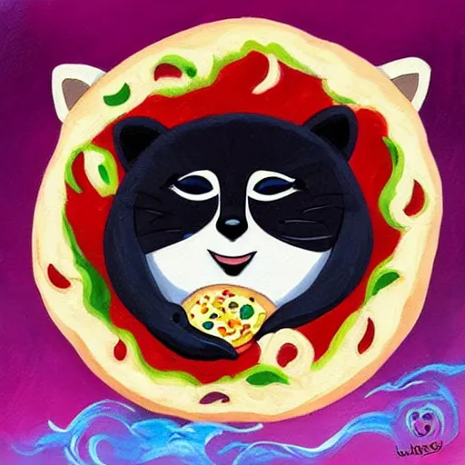 Prompt: a jeremiah ketner and studio ghibli acrylic impasto! painting! of a crying, sad and adorable and cute raccoon eating pizza