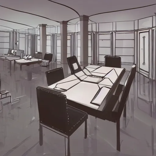 Prompt: concept art for a video game, inside of a futuristic but classy mansion, style of Mirror\'s Edge and Resident Evil, dining table, isometric perspective