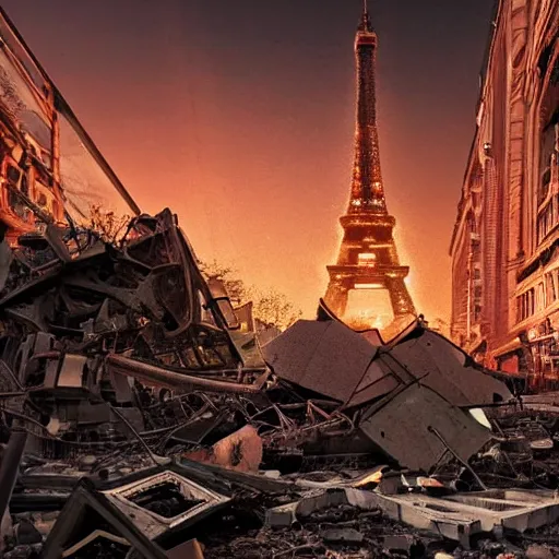 Image similar to A beautiful intricate 8K award-winning ground-level cinematic movie photograph of the future rusting rubble of the fallen and decimated Eiffel Tower, lying in pieces on the ground, surrounded by neon and collapsing corporate video billboard displays. in the year 2050, by Bruno Delbonnel and greg rutkowski. octane render, Arri Alexa 65. Cinematic lighting