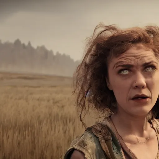 Prompt: movie still of a sad female postapocalyptic jester