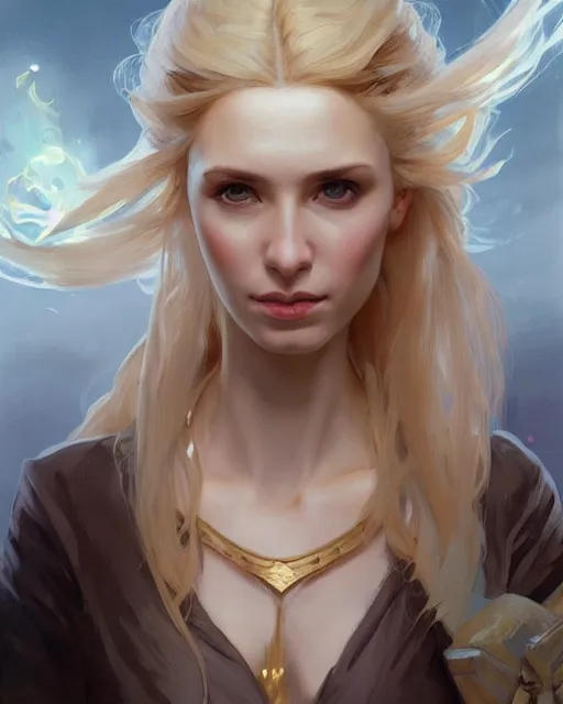 Image similar to '' Portrait of Beautiful blonde Slavic woman in her early 30’s, league of legends, LOL, fantasy, d&d, digital painting, artstation, concept art, sharp focus, illustration, art by greg rutkowski and alphonse mucha ''