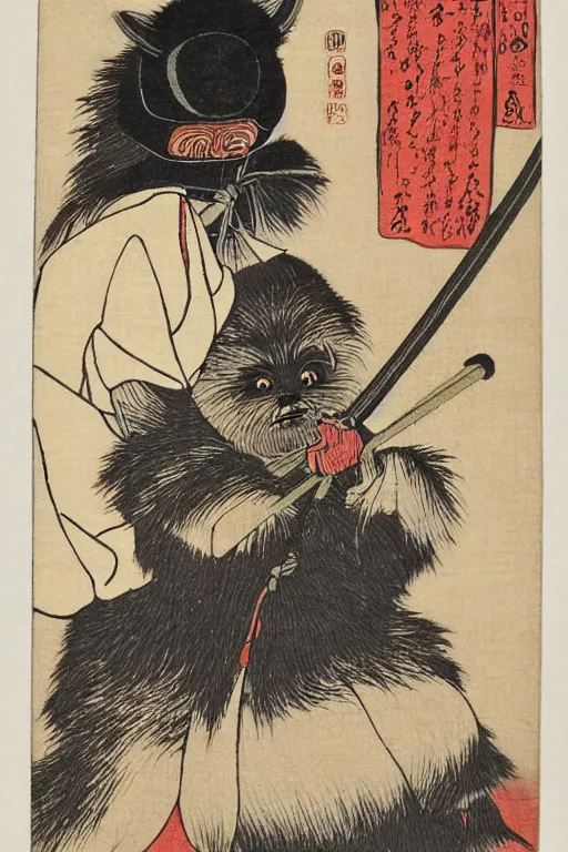 Prompt: Japanese woodblock print of Wicket the Ewok holding a samurai sword , cherry blossom, Hokusai