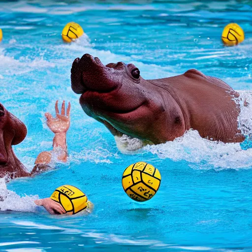 Image similar to hippopotamuses playing water polo against athletes. sports photograph.