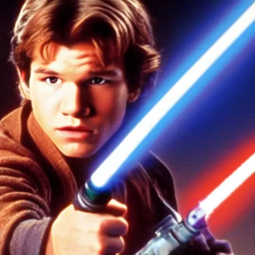 Image similar to A full color still from a film of a teenage Han Solo as a Jedi padawan holding a lightsaber hilt, from The Phantom Menace, directed by Steven Spielberg, 35mm 1990