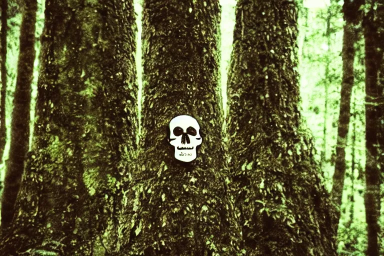 Prompt: an analog photograph of a skull totem in a forest, strange pagan ritualistic place, menhirs, high quality analog picture