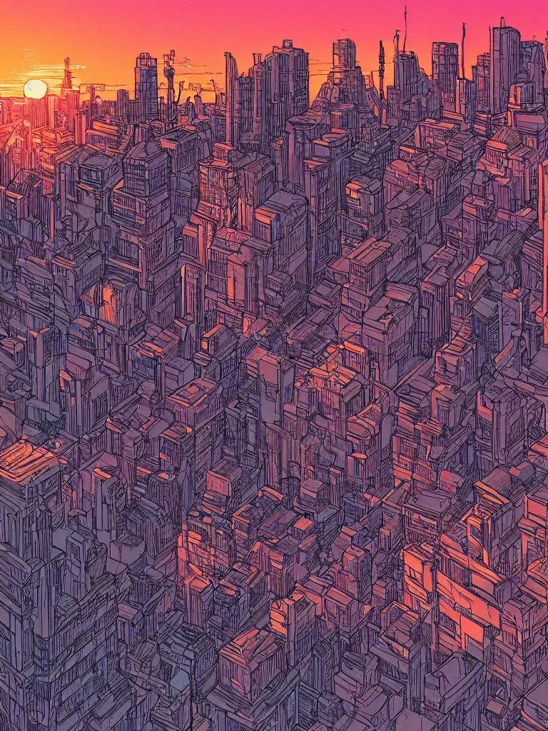 Prompt: a digital art of sunset, a metropolis beside the river, by laurie greasley, artstation, studio ghibli color scheme