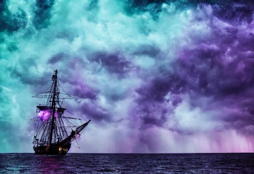 Image similar to purple color lighting storm with stormy sea, pirate ship firing its cannons real life trippy nebula sky 50mm shot