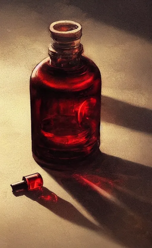 Prompt: a beautiful painting illustration of a stylized health potion on a wooden table, scratched vial, high contrast, crimson, by greg rutkowski, featured on artstation, rpg item