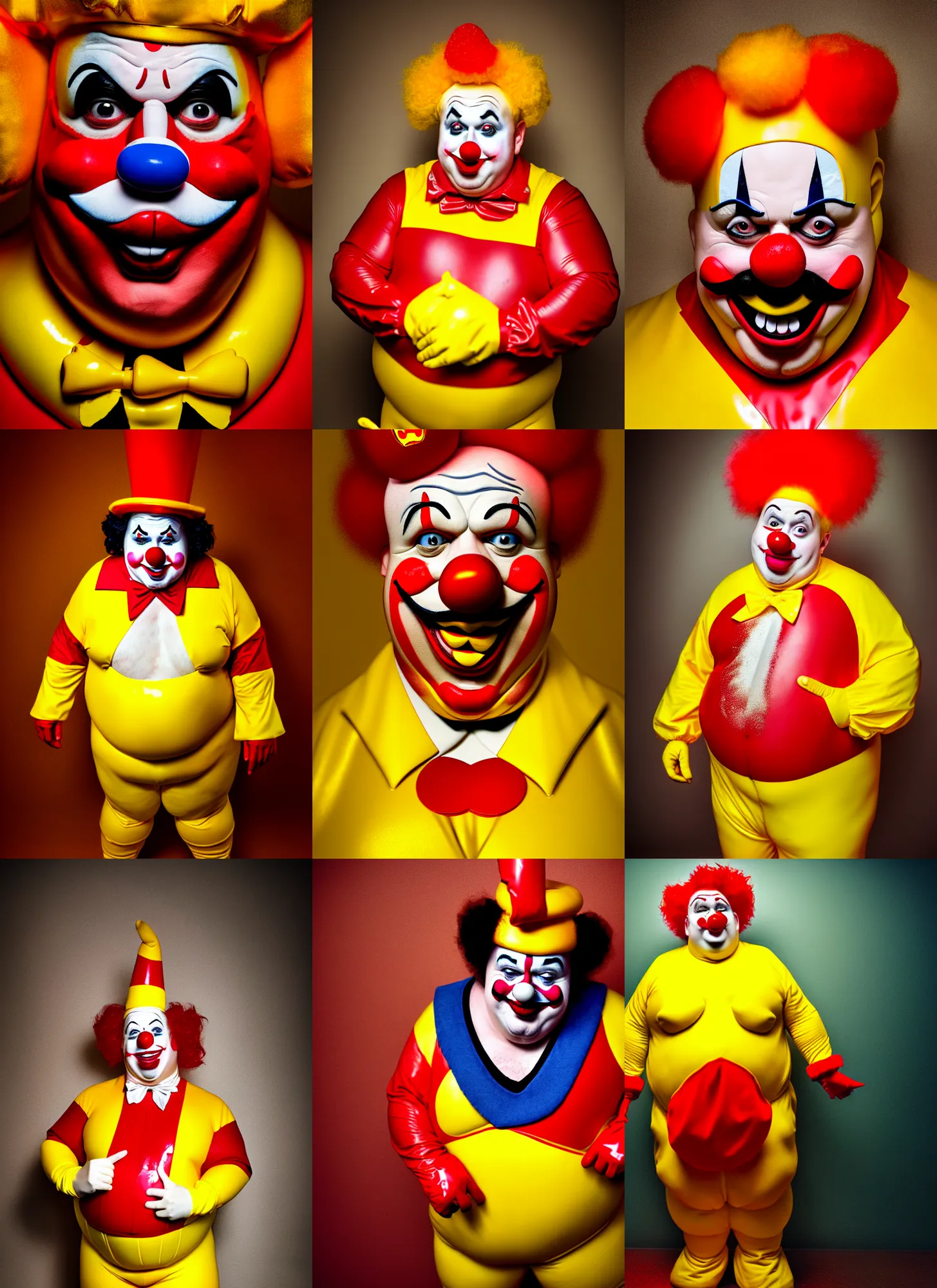 Prompt: Portrait of very fat clown dressed in yellow and red latex Ronald Macdonalds costume, intricate, highly detailed, digital photography, cinematic lighting, concept art, 4k