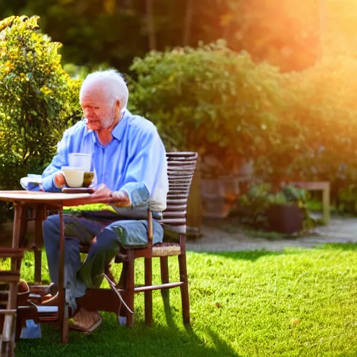 Prompt: old man drinking coffee at a small table outdoors, flower garden in the background, golden hour