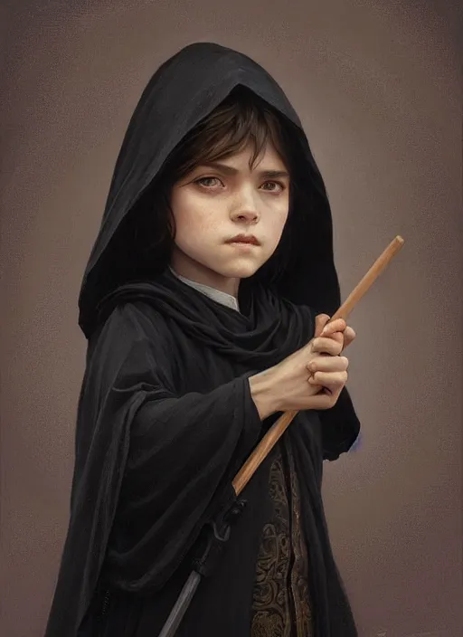 Image similar to perfectly - centered - portrait of a kid wearing black cloak holding stick, intricate, highly detailed, digital painting, artstation, concept art, smooth, sharp focus, illustration, unreal engine 5, 8 k, art by artgerm and greg rutkowski and alphonse mucha