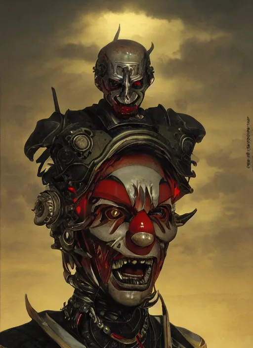 Image similar to portrait of a diabolical cyborg clown samurai, torn cape, adaptive armor, dynamic pose, heavy eyes to the side, ancient ruins, glowing veins subsurface scattering, in clouds, sunset, portrait, by gerald brom, by mikhail vrubel, by peter elson, muted colors, extreme detail, reflections, trending on artstation, 8 k