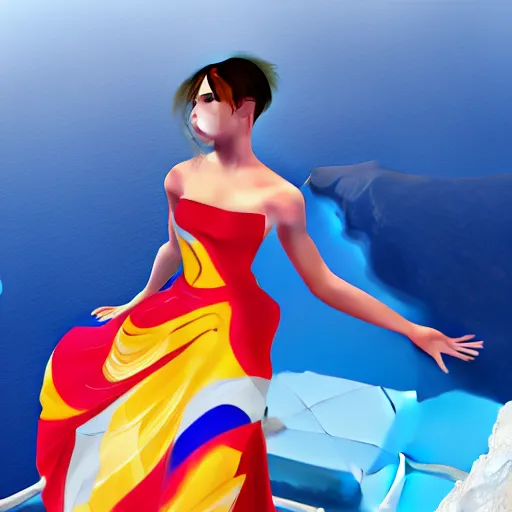 Image similar to beautiful modern dancer wearing a red and yellow and blue swirling dress, standing on a Santorini terrace looking down at the ocean, artstation, cinematic, unreal 5, DAZ, hyperrealistic, octane render, dynamic lighting