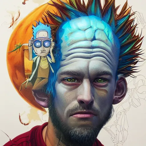 Image similar to lucky mohawk projector portrait by gaston bussierre and charles vess and james jean and erik jones and rhads, inspired by rick and morty, epic, funny, huge scale, beautiful fine face features, intricate high details, sharp, ultradetailed