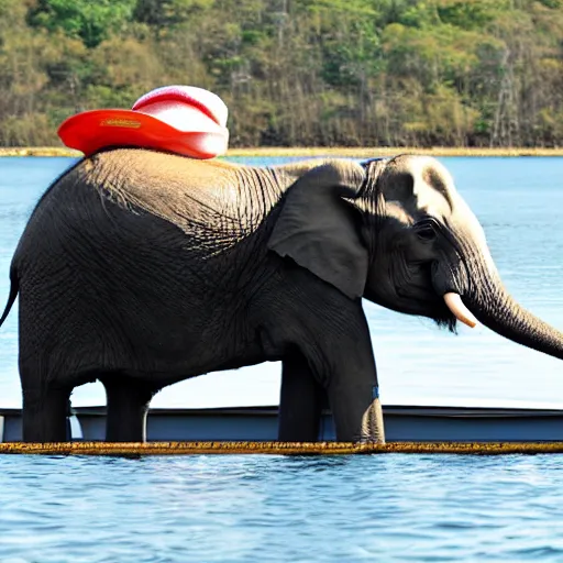 Image similar to an elephant standing on a boat wearing a fisher's hat.