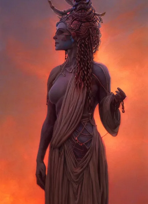 Image similar to biblical beautiful female druid android, shiva, glowing veins, in clouds, sunset, portrait by wayne barlowe, by peter elson, muted colors, by frank frazetta, extreme detail, reflections, trending on artstation, 8 k